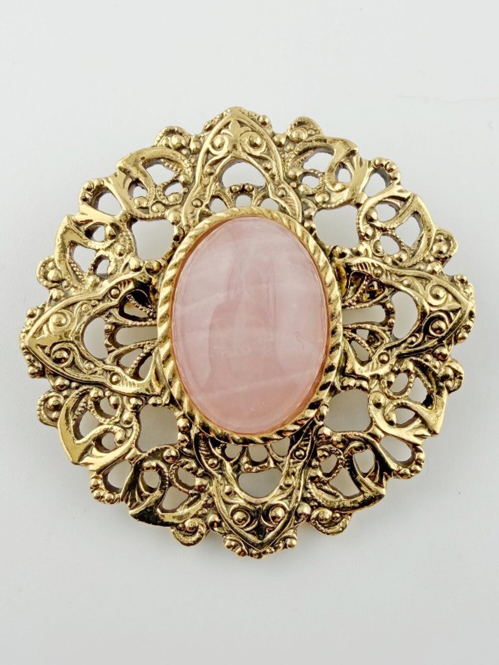 Vintage 1928 Jewelry Co Pink Faux Quartz Filigree Brooch Pin